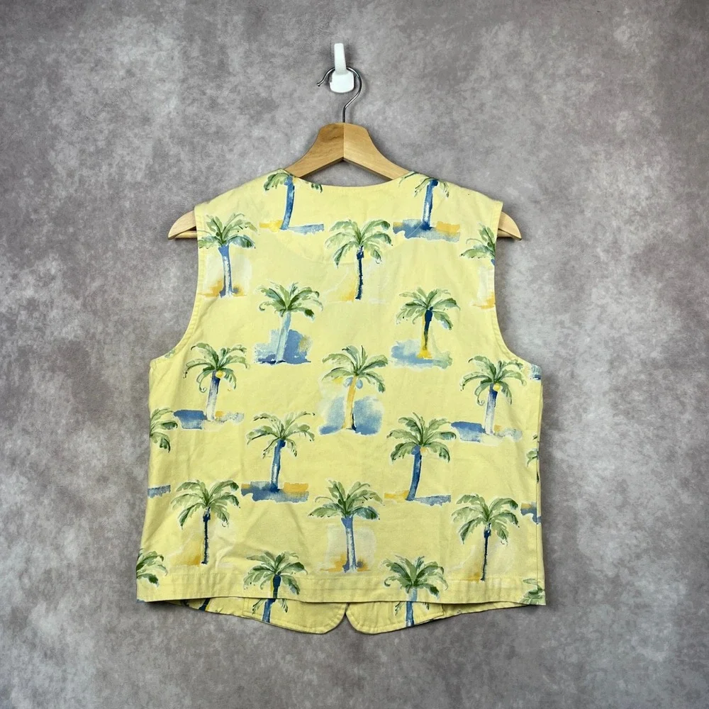 VTG 90s Coldwater Creek Palm Tree Print Vest‎ Sleeveless Top Yellow Tropical